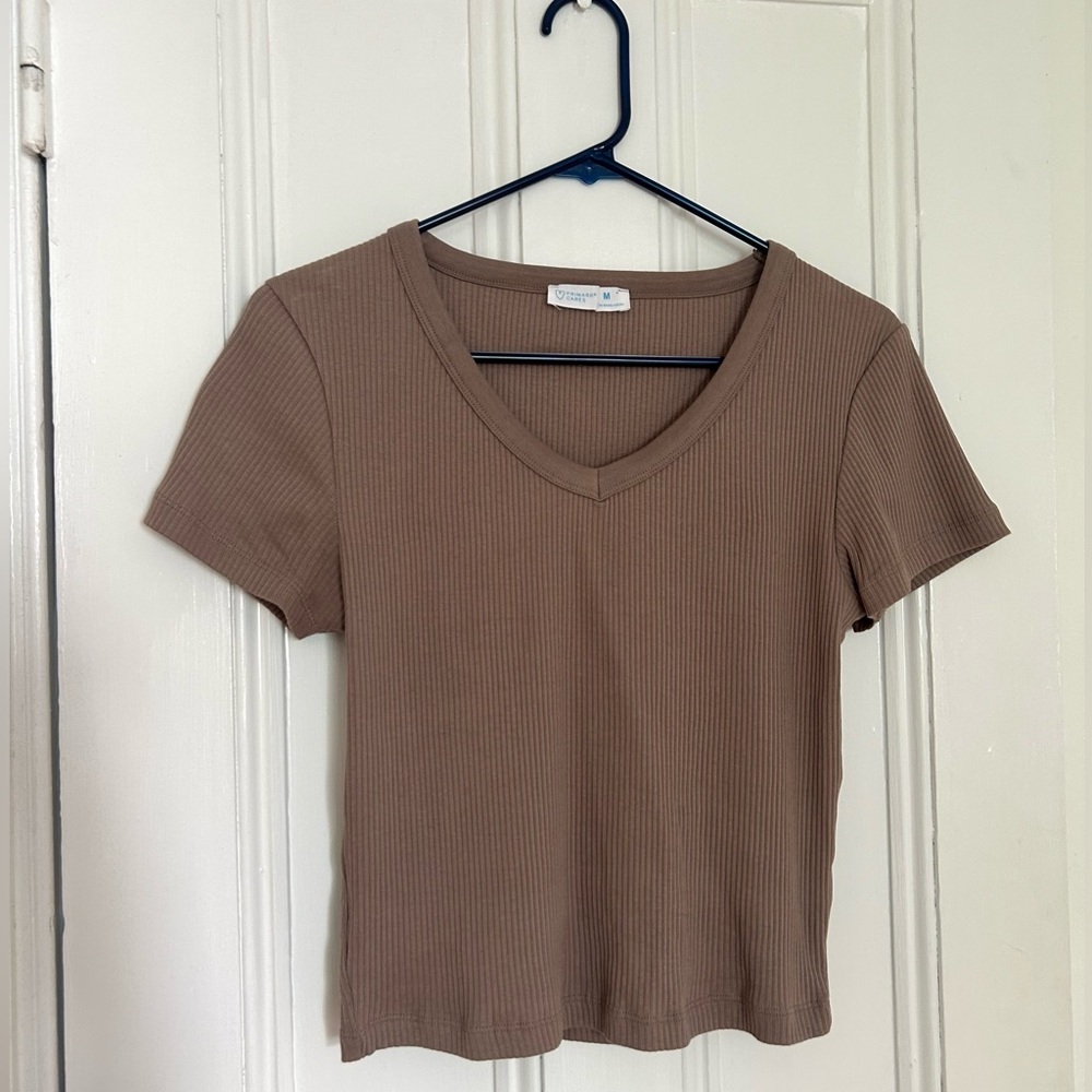 SOLD- NWOT Brown Ribbed V-Neck Basic Tee